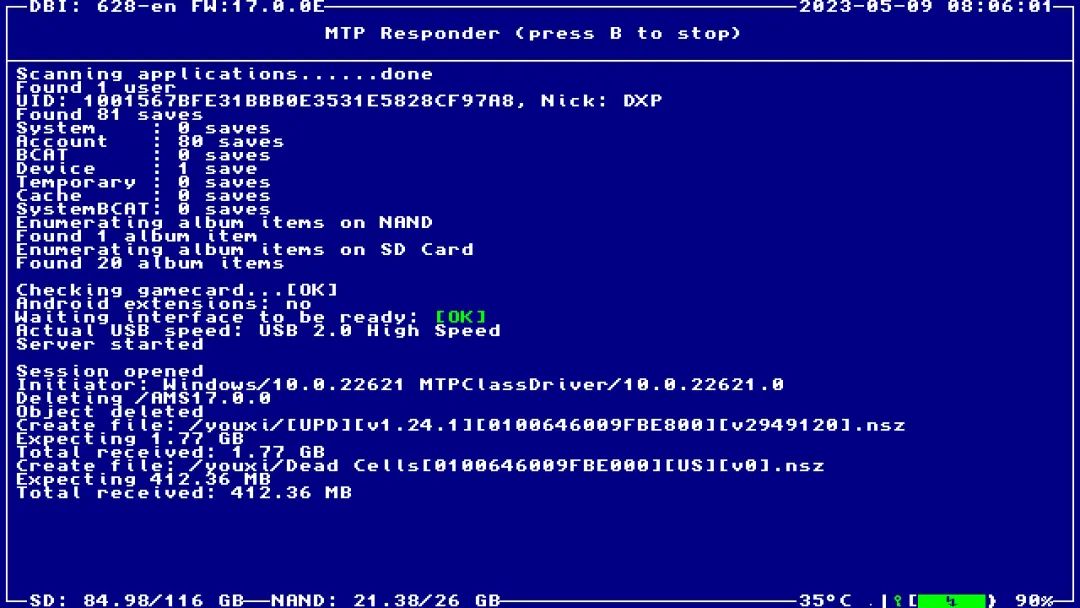 按 B 键关闭 MTP 模式并退回 DBI 主界面